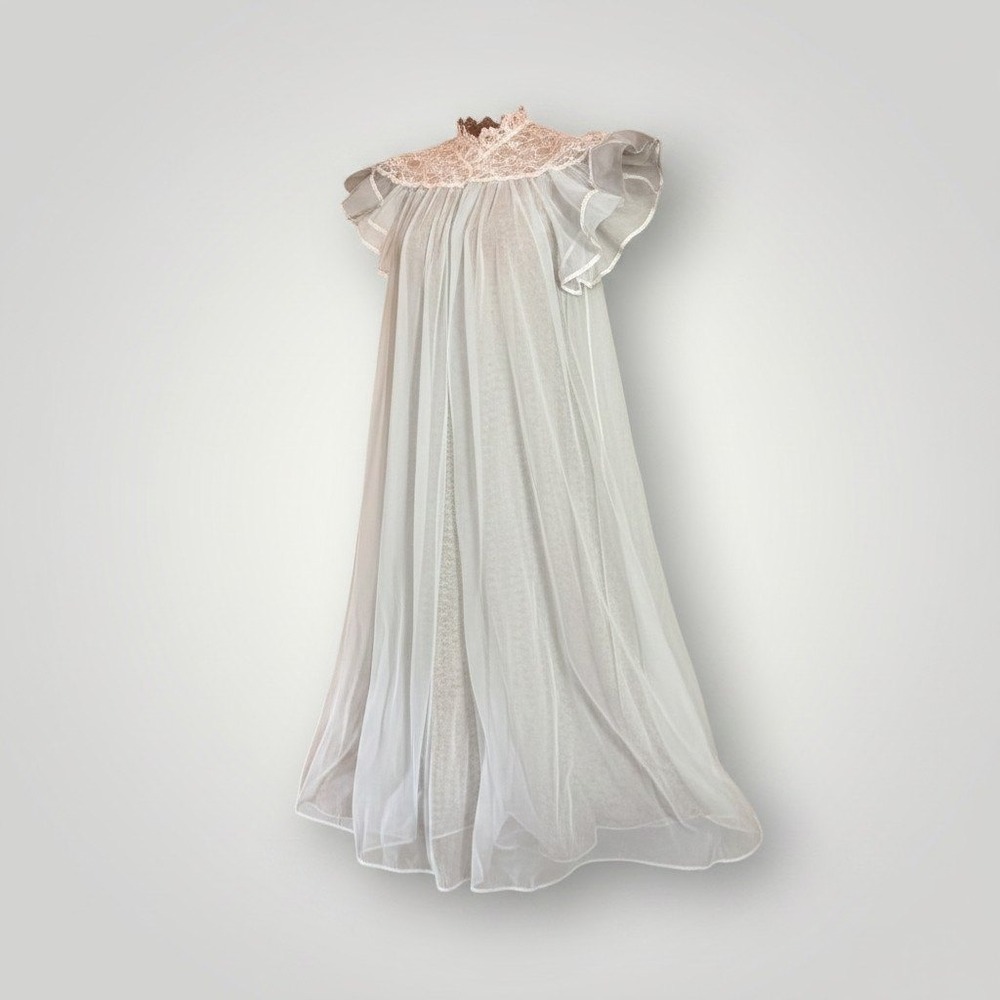 Val Mode Peignoir Gown Petite Blue Vintage Lace Sheer Coquette Regency Victorian